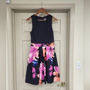 Vince Camuto Navy Midi Dress with Pink and Coral Floral Skirt